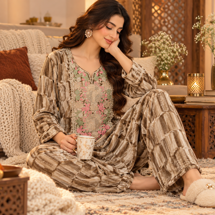 Light Brown Velvet Floral Yoke Winter Cord Set