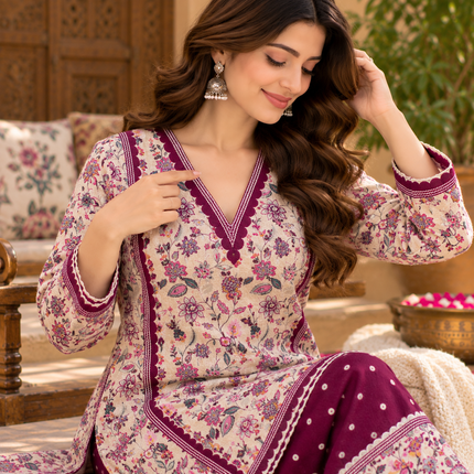 Floral Wine-Cream Woolen Farshi Salwar