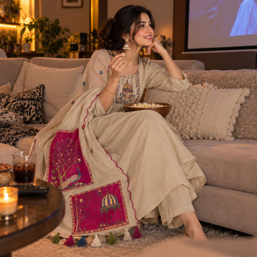 Ivory Peacock A-Line Dupatta Suit
