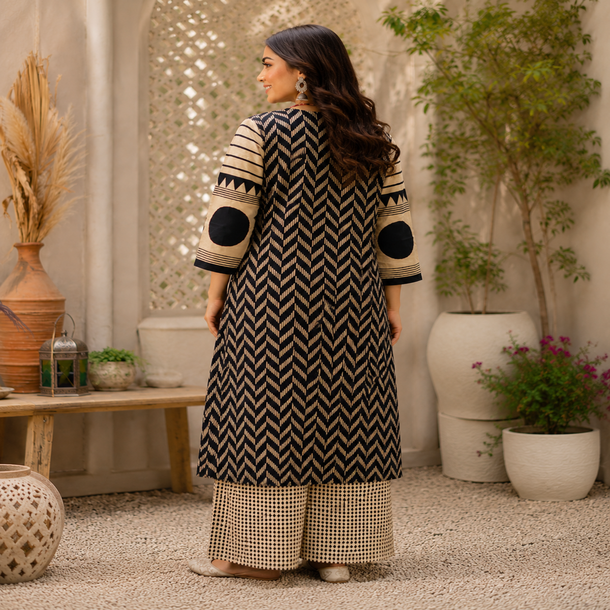 Cream black butta printed dupatta suit for women with straight kurti, palazzo pants and printed dupatta