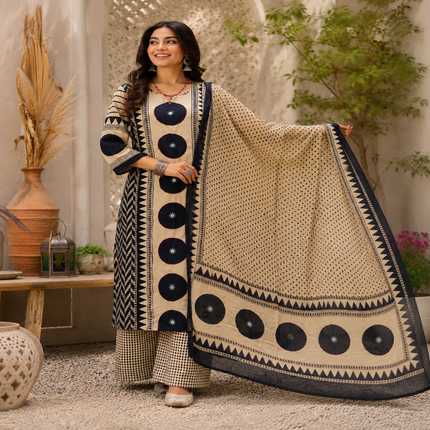 Cream black butta printed dupatta suit for women with straight kurti, palazzo pants and printed dupatta