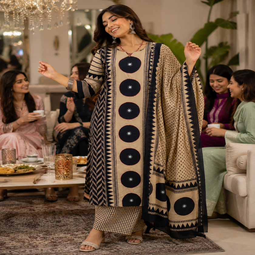 Cream black butta printed dupatta suit for women with straight kurti, palazzo pants and printed dupatta