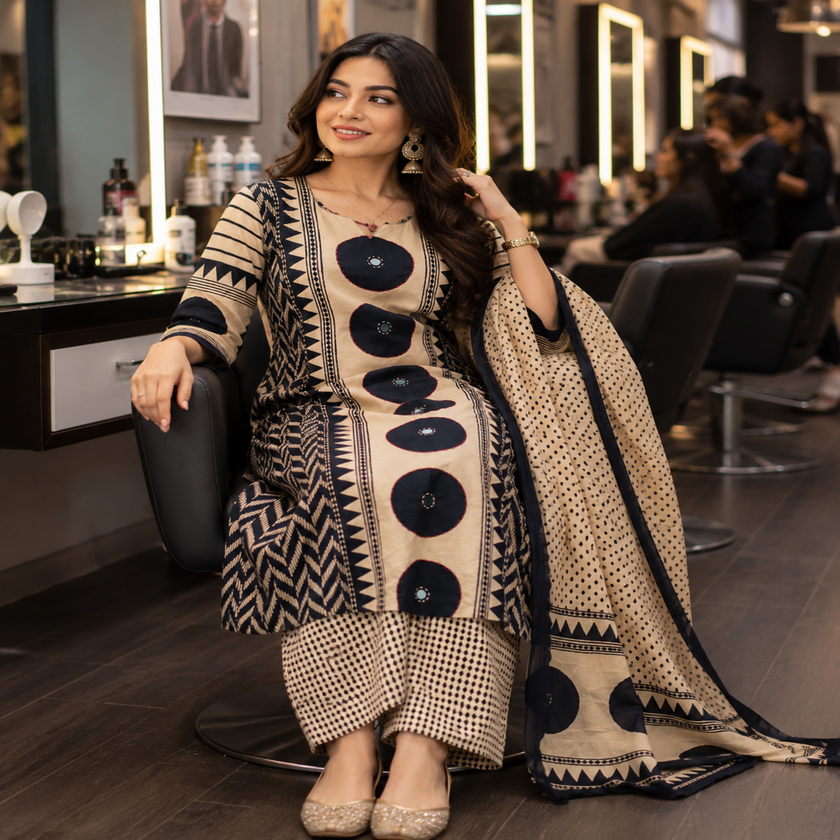 Cream black butta printed dupatta suit for women with straight kurti, palazzo pants and printed dupatta
