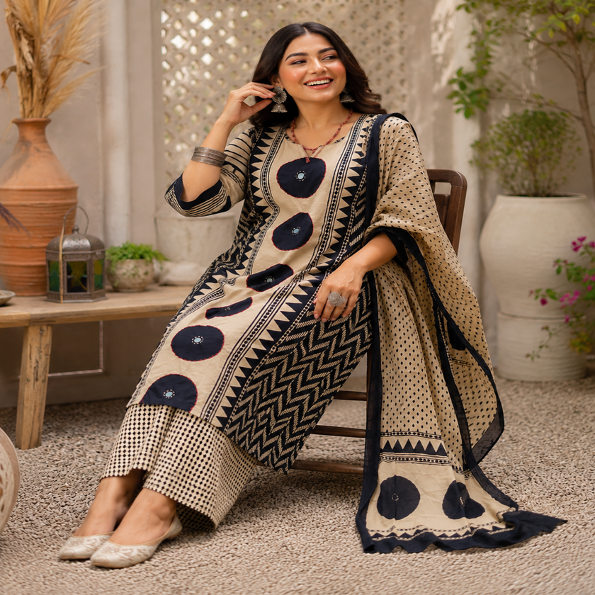 Cream black butta printed dupatta suit for women with straight kurti, palazzo pants and printed dupatta