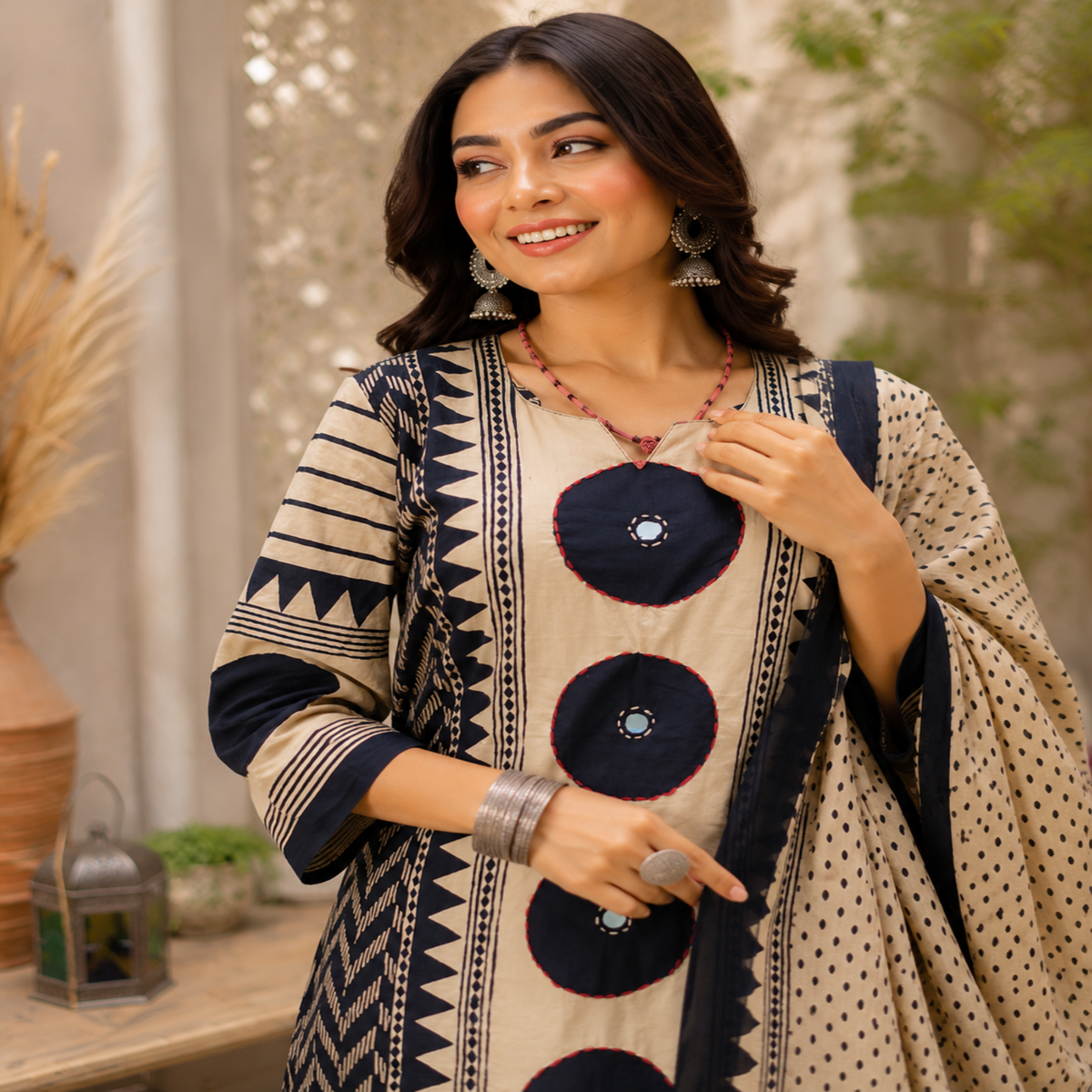 Cream black butta printed dupatta suit for women with straight kurti, palazzo pants and printed dupatta