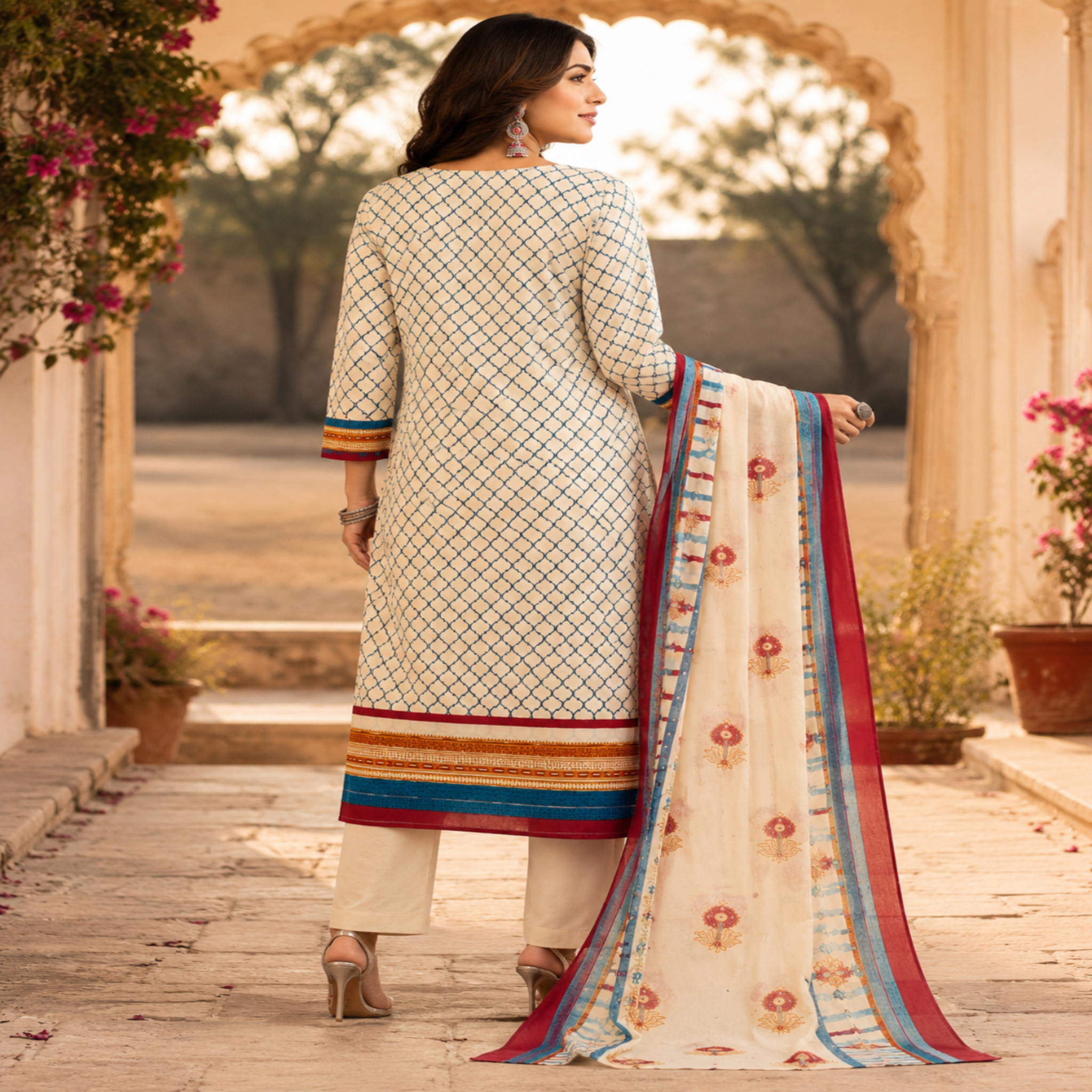 Cream Blue Floral Printed Dupatta Suit for Women with Kurta and Pants