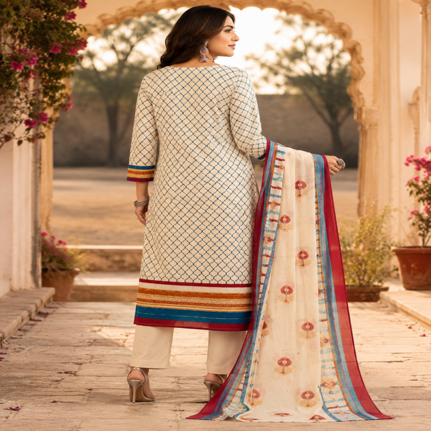 Cream Blue Floral Printed Dupatta Suit for Women with Kurta and Pants
