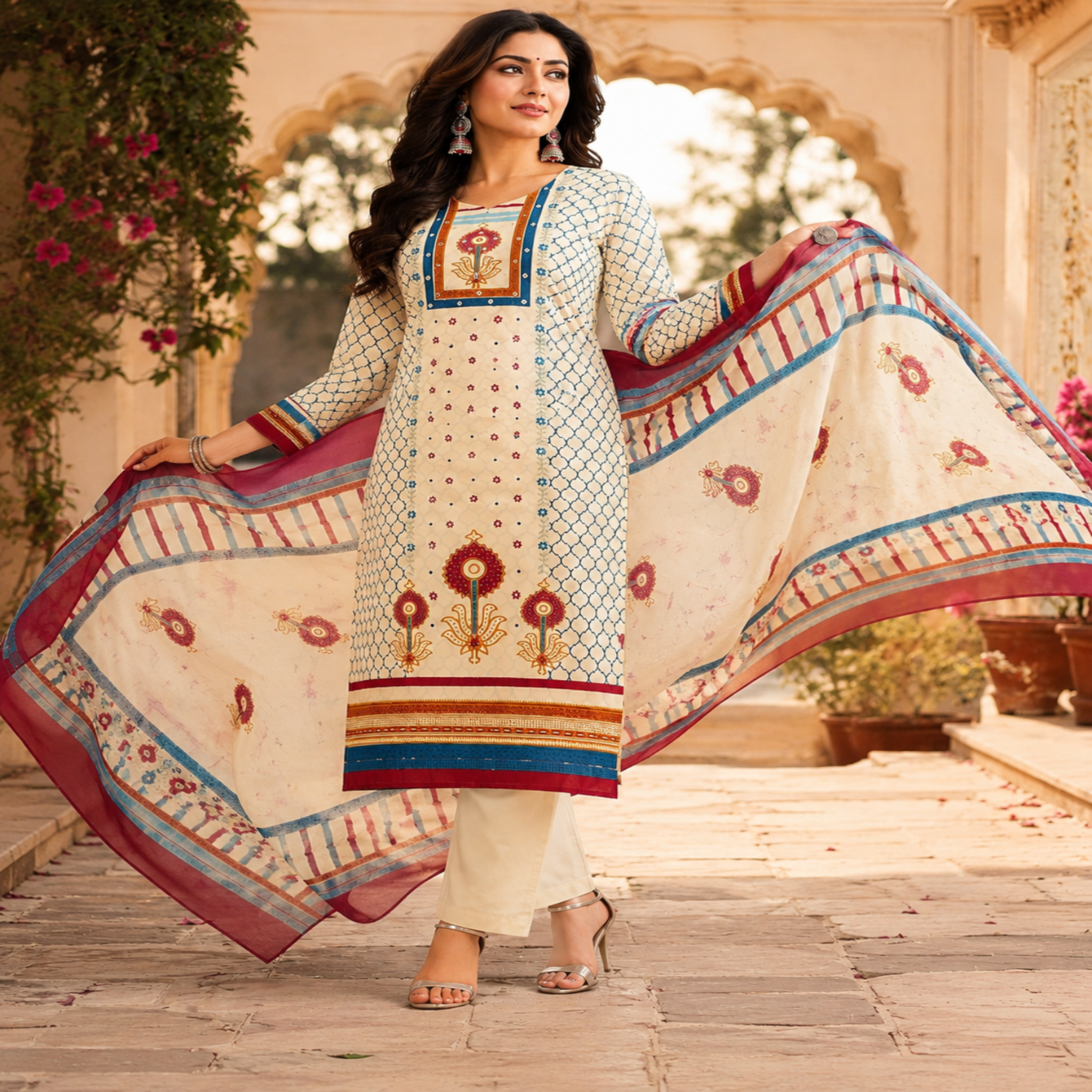 Cream Blue Floral Printed Dupatta Suit for Women with Kurta and Pants