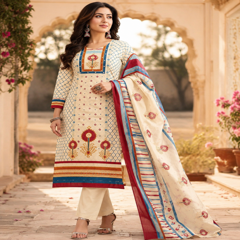Cream Blue Floral Printed Dupatta Suit for Women with Kurta and Pants