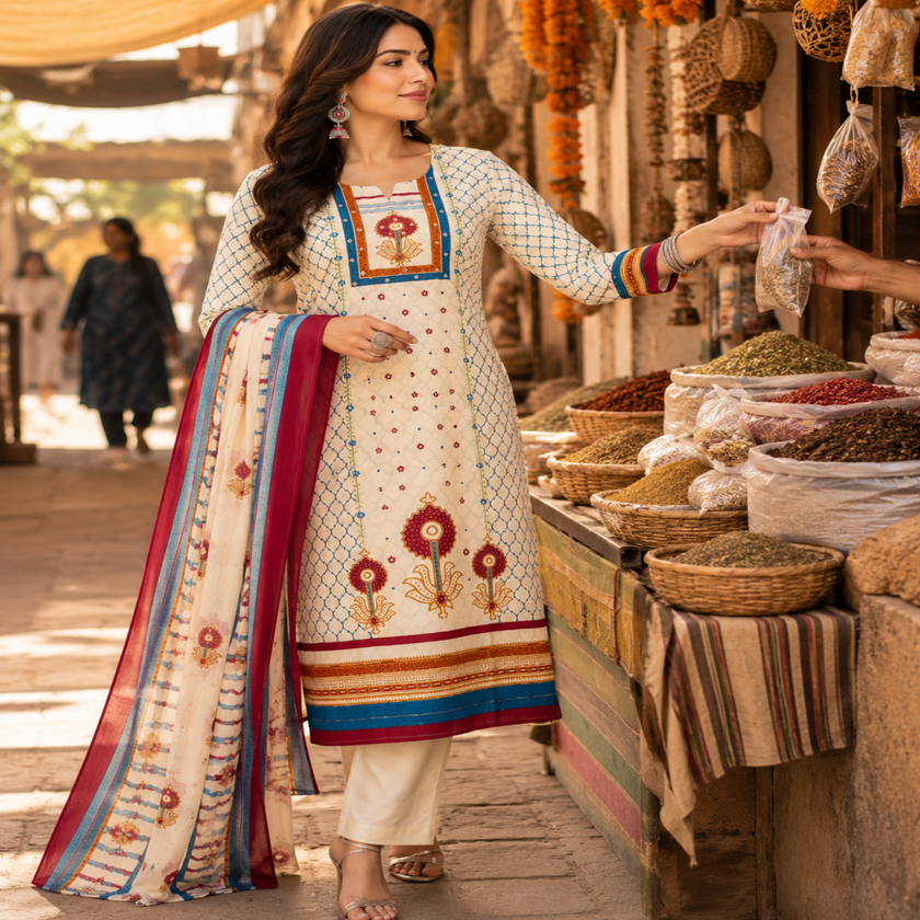 Cream Blue Floral Printed Dupatta Suit for Women with Kurta and Pants