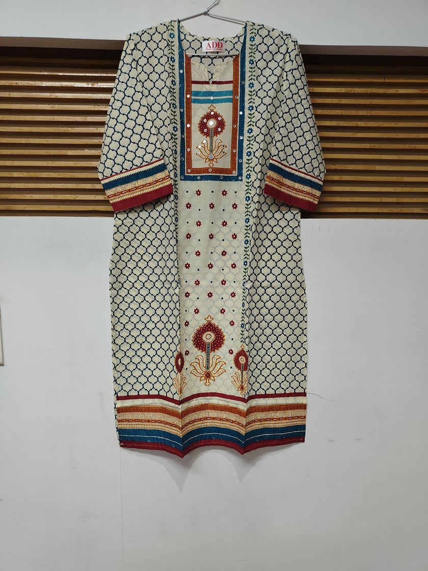 Cream Blue Printed Dupatta Suit