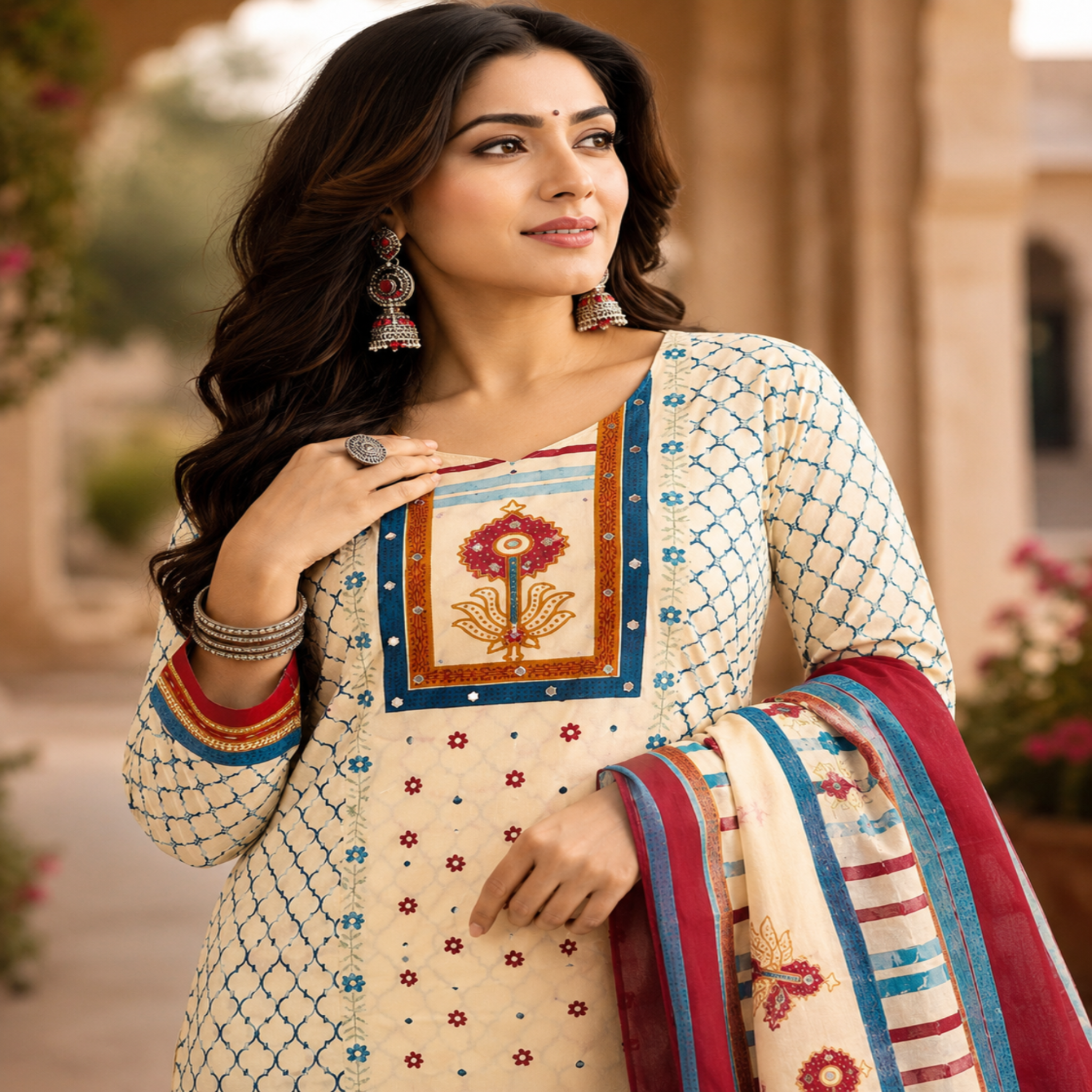Cream Blue Floral Printed Dupatta Suit for Women with Kurta and Pants