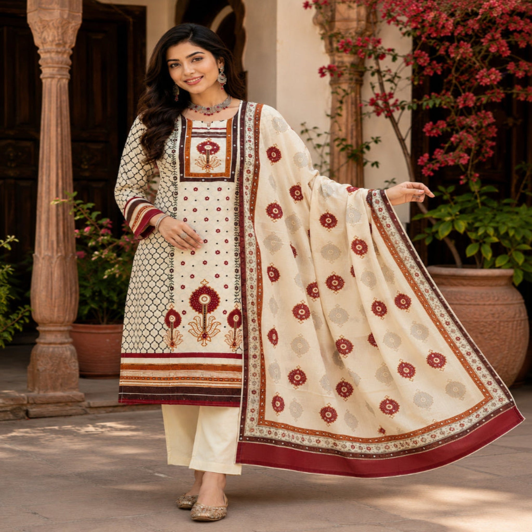 Cream Maroon Floral Printed Dupatta Suit for Women with Kurta and Pants