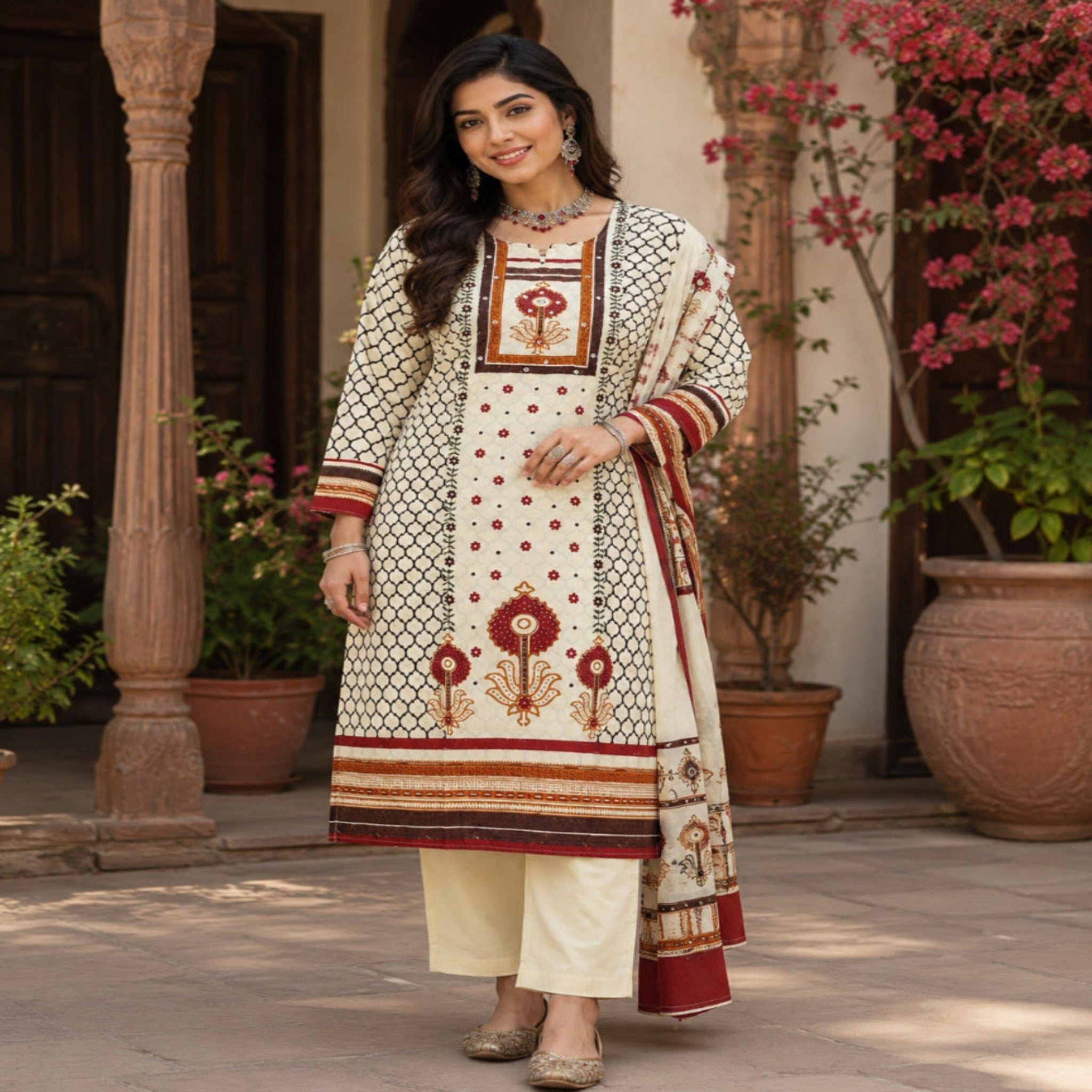 Cream Maroon Floral Printed Dupatta Suit for Women with Kurta and Pants