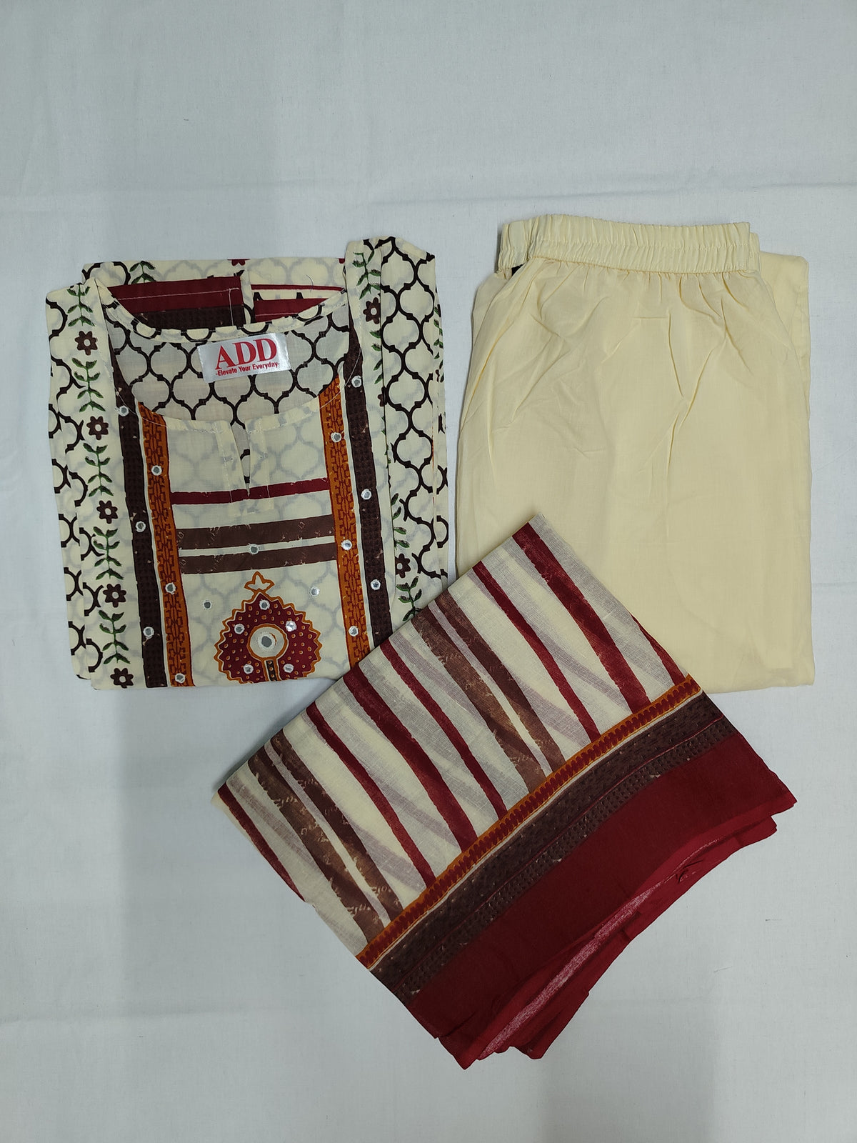 Cream Maroon Printed Dupatta Suit