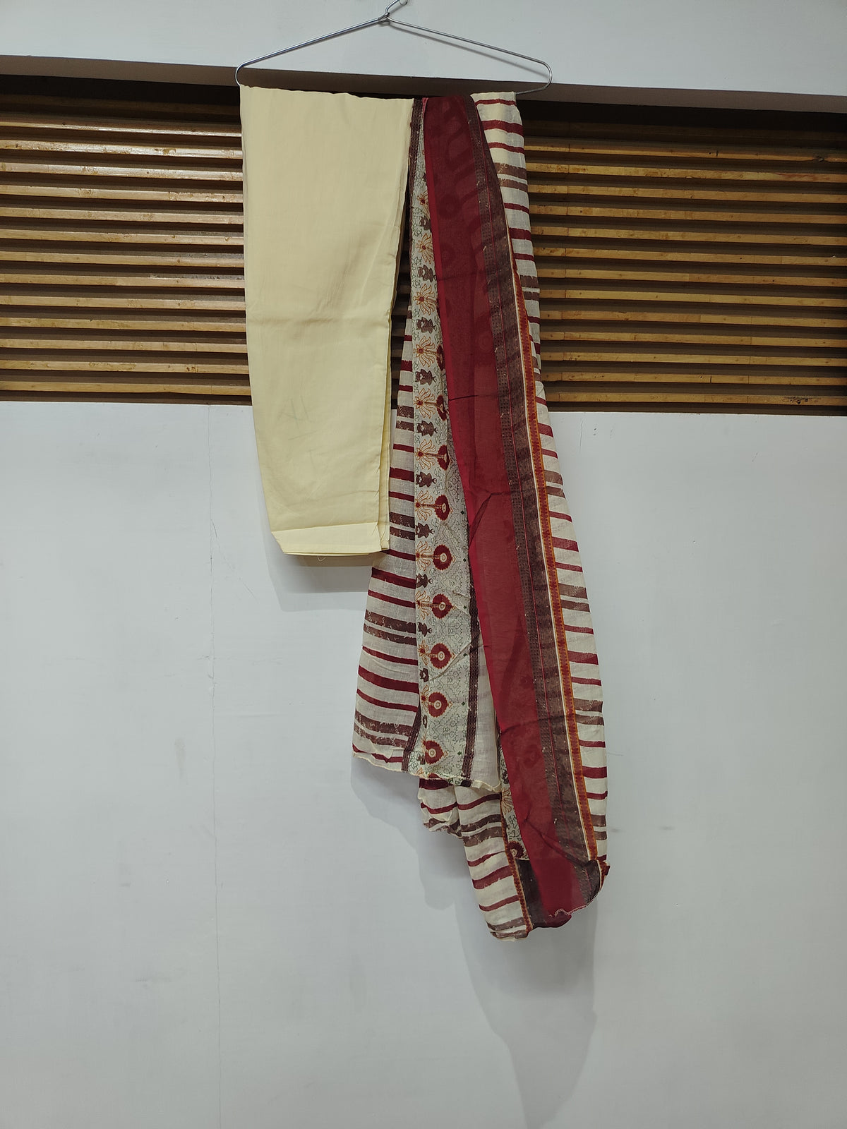 Cream Maroon Printed Dupatta Suit