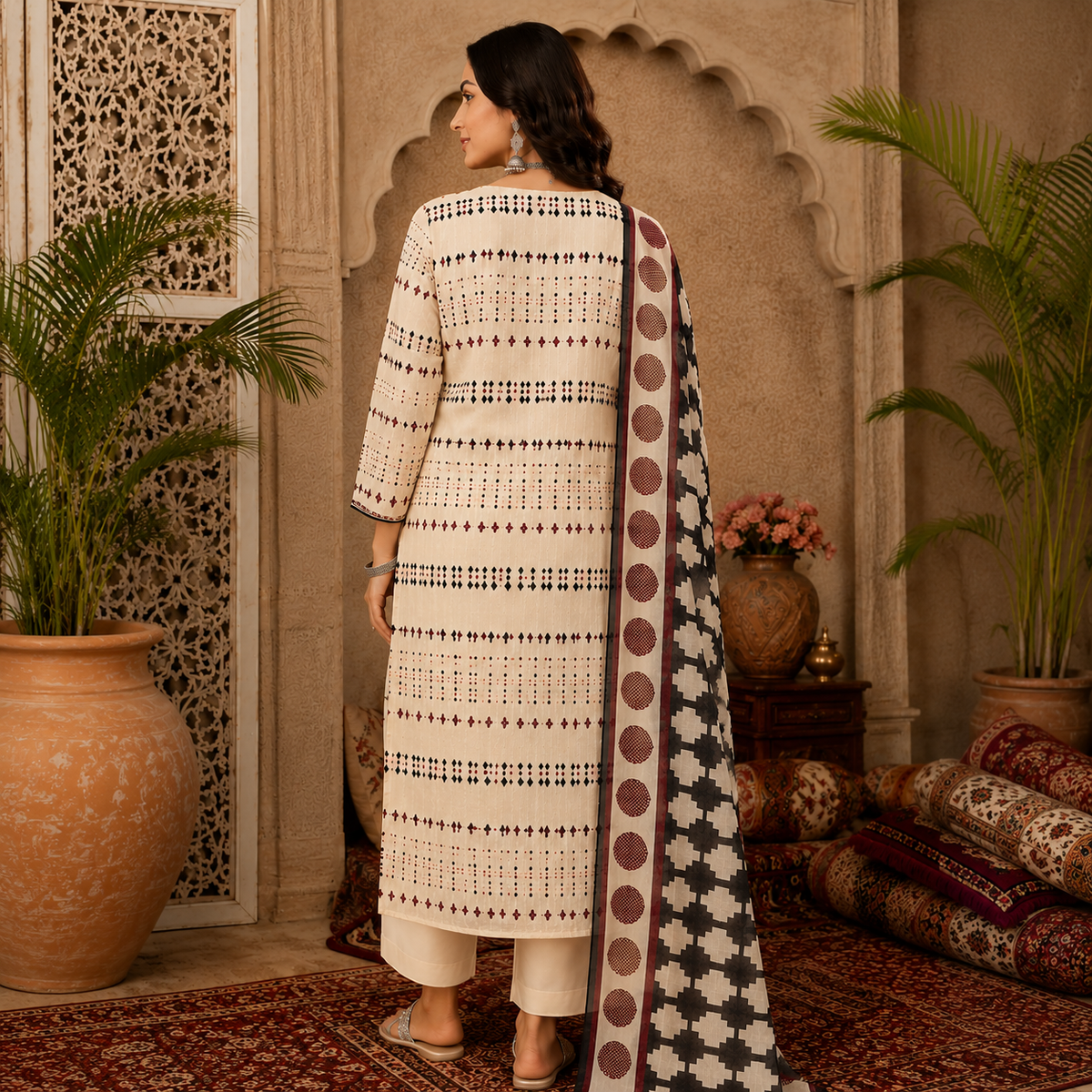 Cream Printed Cotton Dupatta Suit for Women with Kurta and Pants
