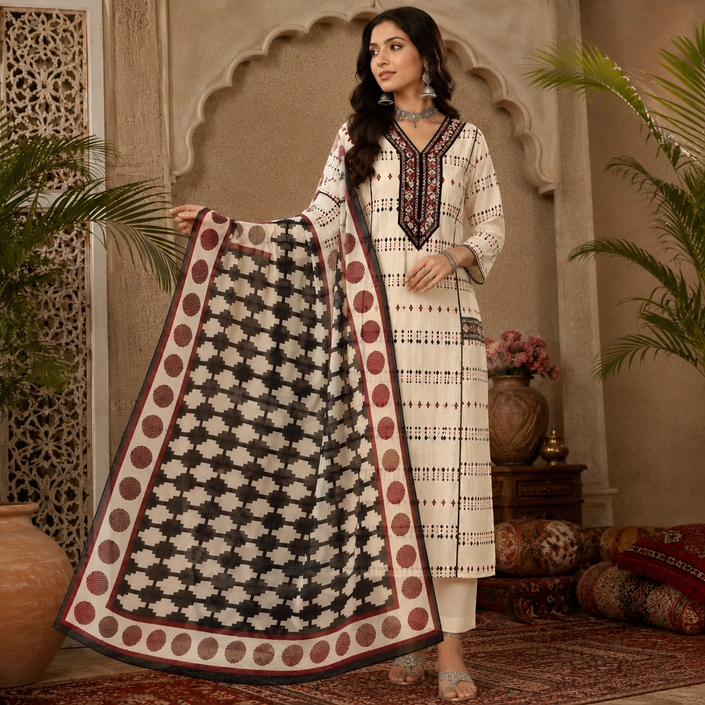 Cream Printed Cotton Dupatta Suit for Women with Kurta and Pants
