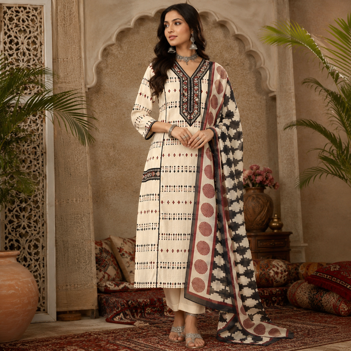 Cream Printed Cotton Dupatta Suit for Women with Kurta and Pants
