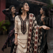 Cream Printed Cotton Dupatta Suit for Women with Kurta and Pants
