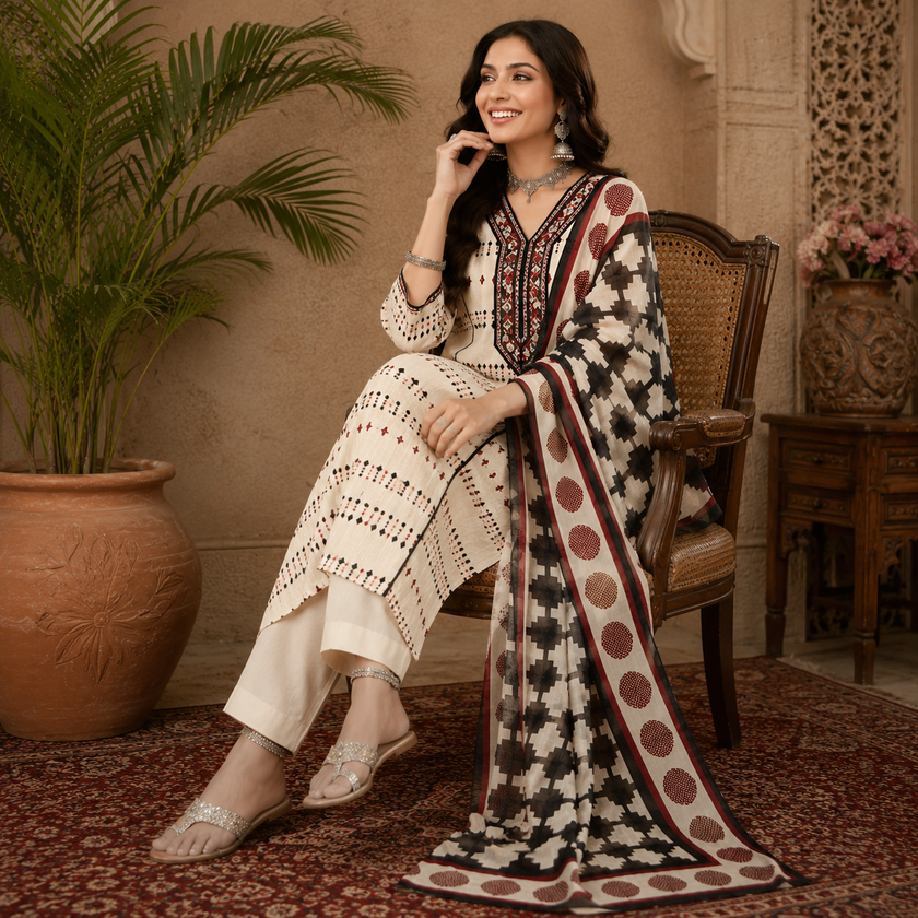 Cream Printed Cotton Dupatta Suit for Women with Kurta and Pants
