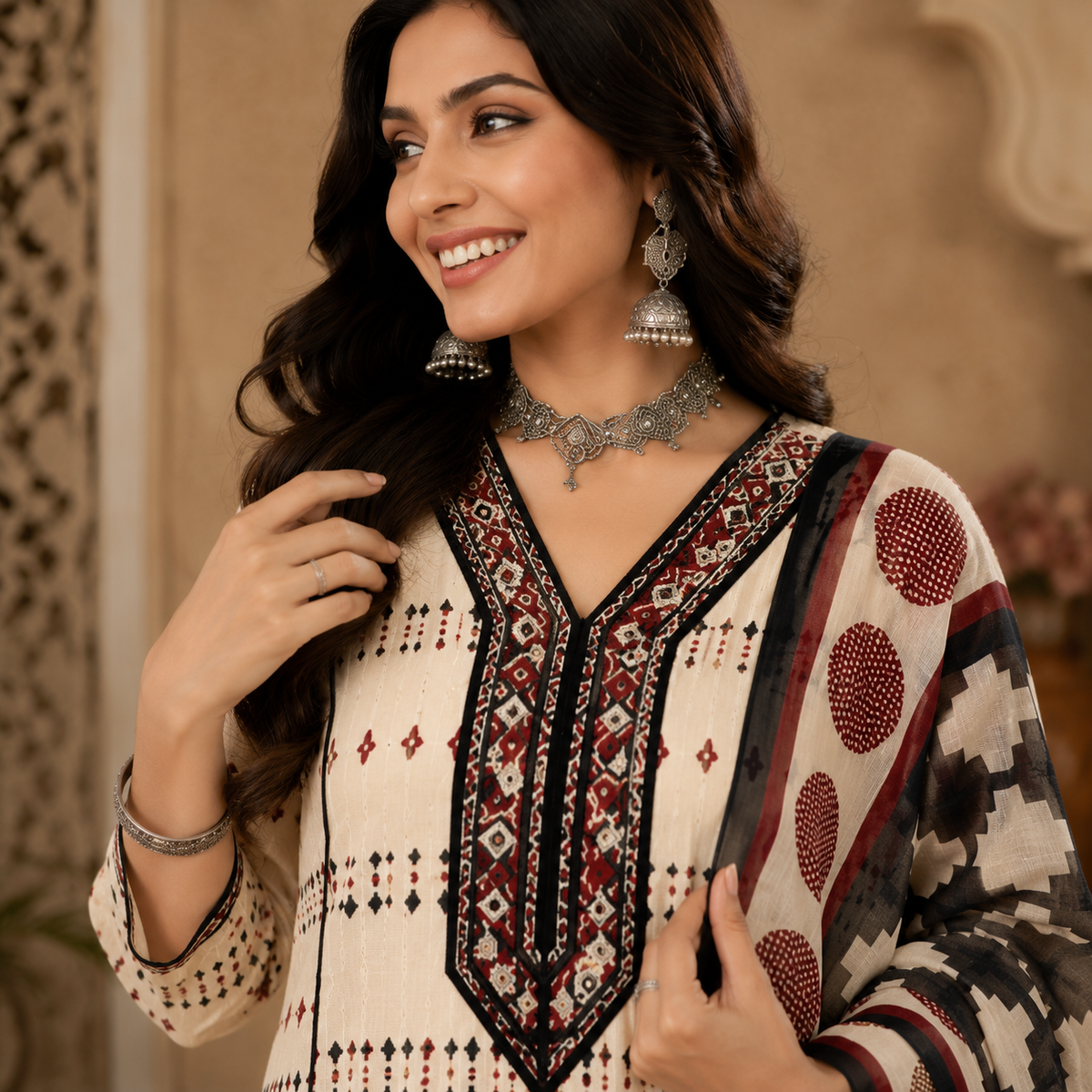 Cream Printed Cotton Dupatta Suit for Women with Kurta and Pants
