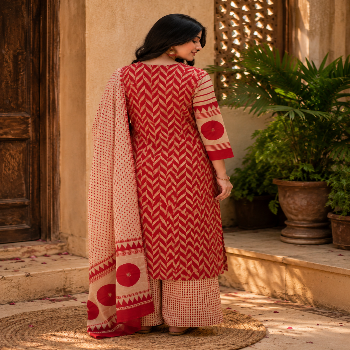 Cream red butta printed dupatta suit for women with straight kurti, palazzo pants and printed dupatta