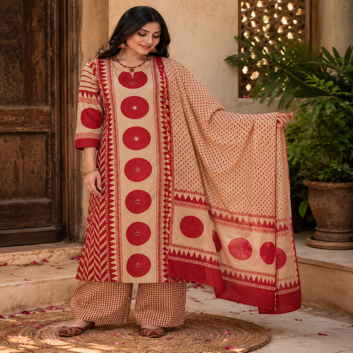 Cream red butta printed dupatta suit for women with straight kurti, palazzo pants and printed dupatta