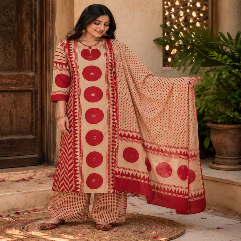 Cream red butta printed dupatta suit for women with straight kurti, palazzo pants and printed dupatta