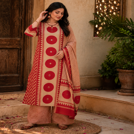Cream red butta printed dupatta suit for women with straight kurti, palazzo pants and printed dupatta