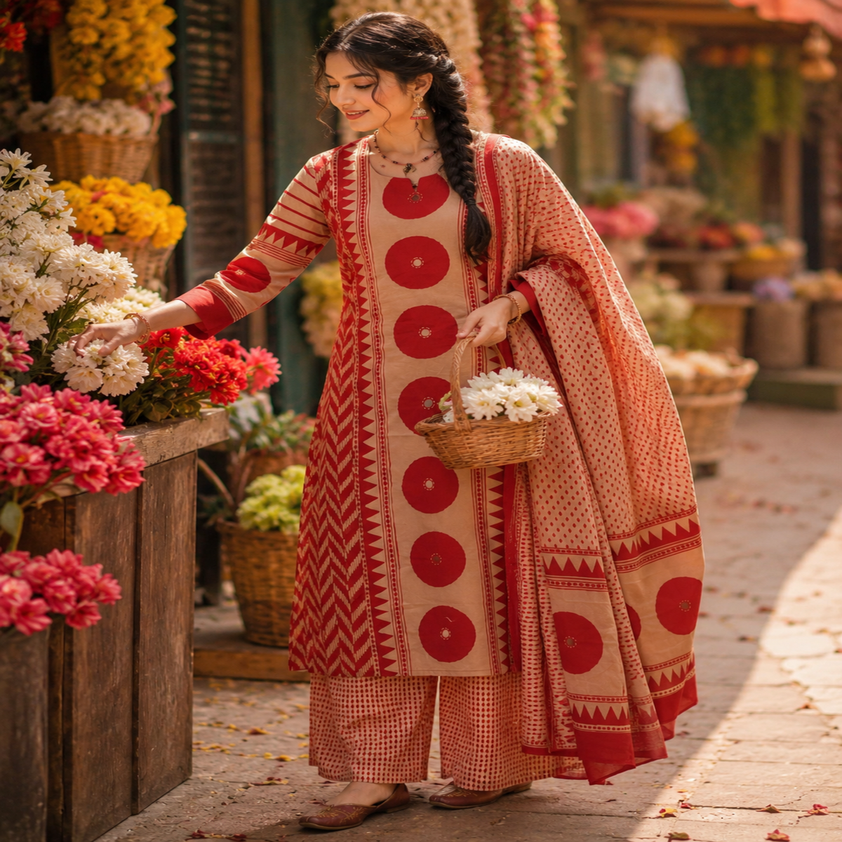 Cream red butta printed dupatta suit for women with straight kurti, palazzo pants and printed dupatta