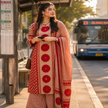 Cream red butta printed dupatta suit for women with straight kurti, palazzo pants and printed dupatta