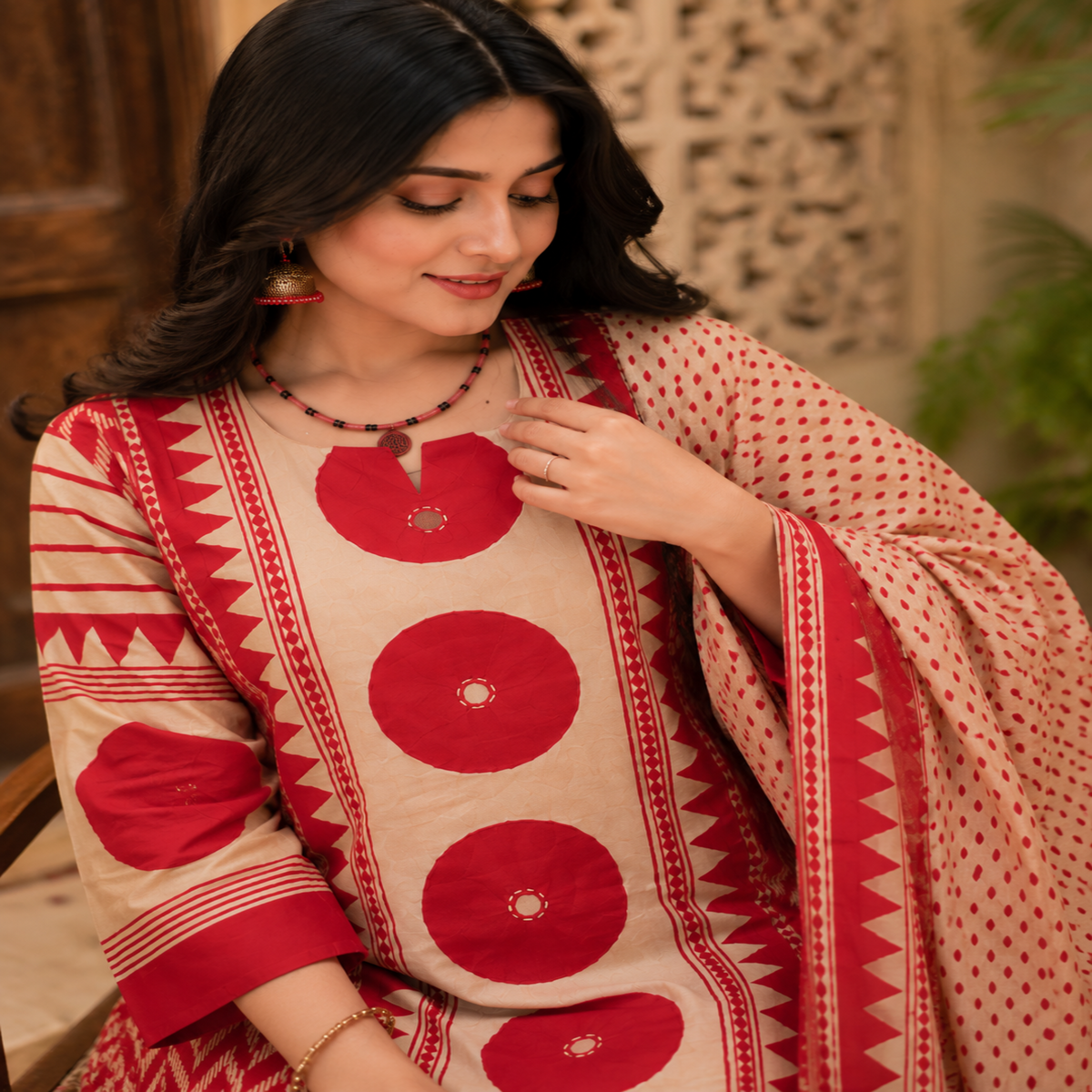 Cream red butta printed dupatta suit for women with straight kurti, palazzo pants and printed dupatta