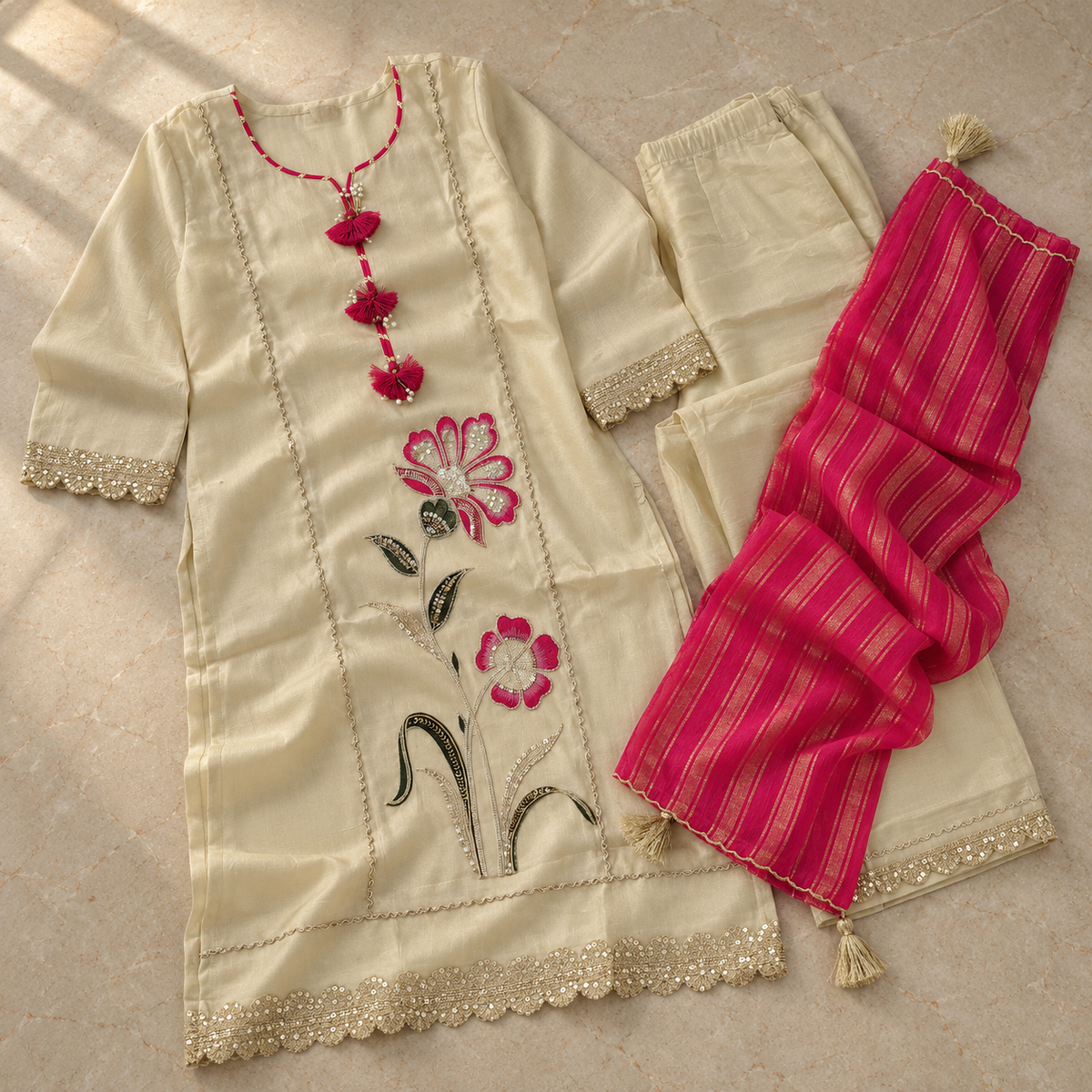 Cream Floral Embroidered Pink Dupatta Suit