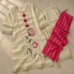 Cream Floral Embroidered Pink Dupatta Suit
