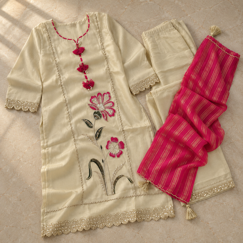 Cream Floral Embroidered Pink Dupatta Suit