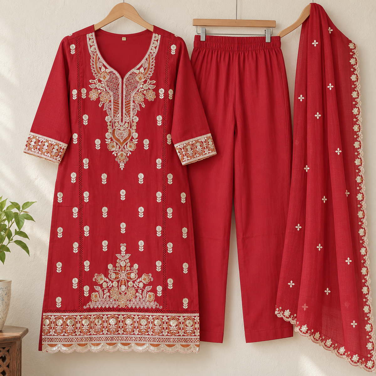 Red Heavy Embroidered Dupatta Suit