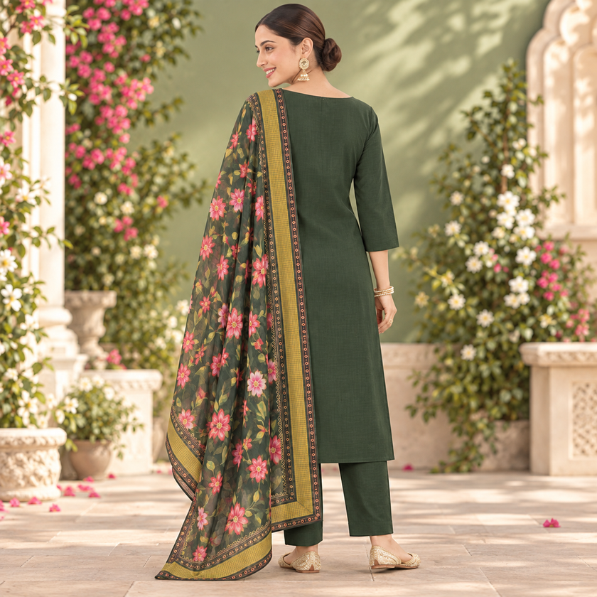 Dark Green Embroidered With Floral Dupatta Suit