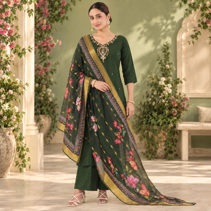 Dark Green Embroidered With Floral Dupatta Suit