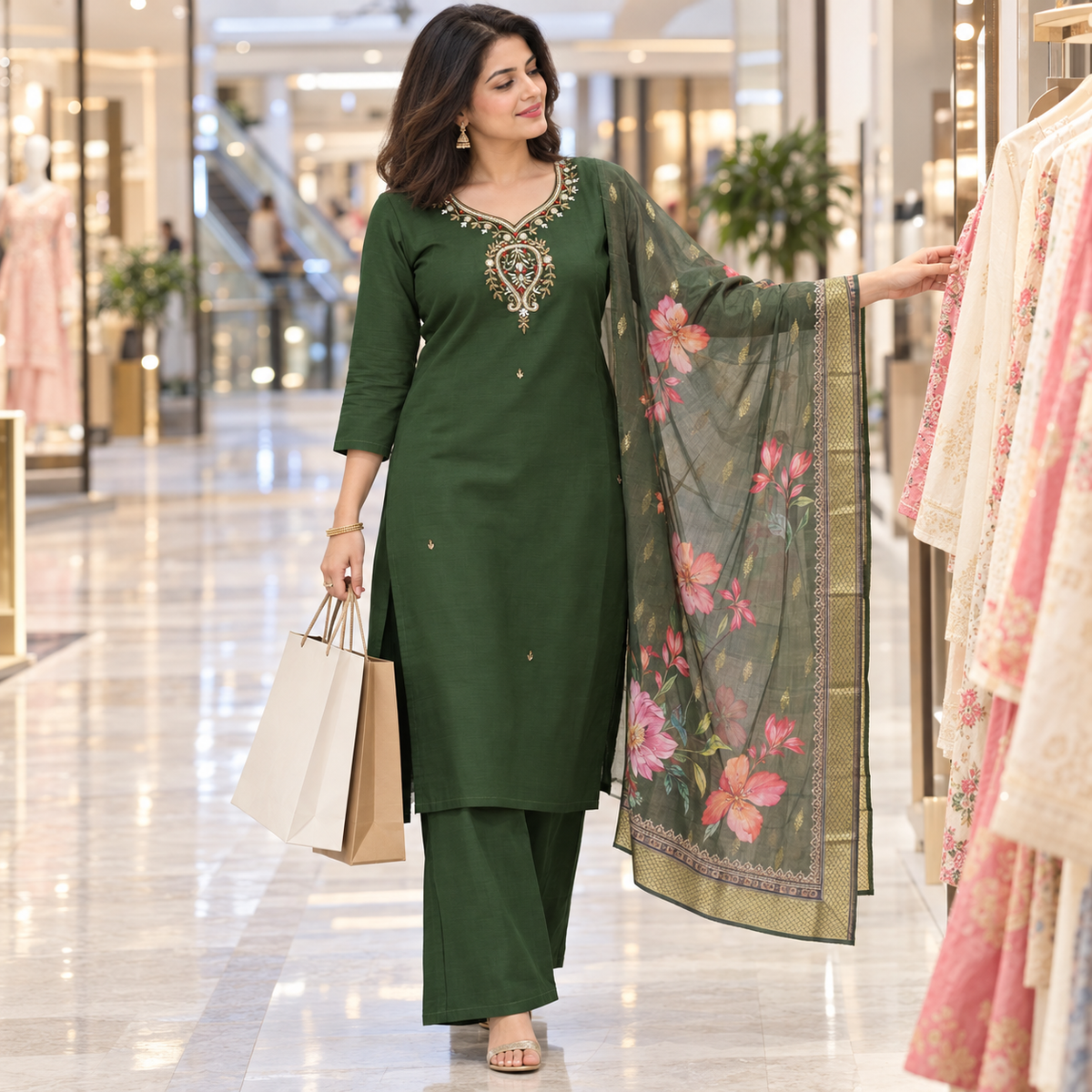 Dark Green Embroidered With Floral Dupatta Suit