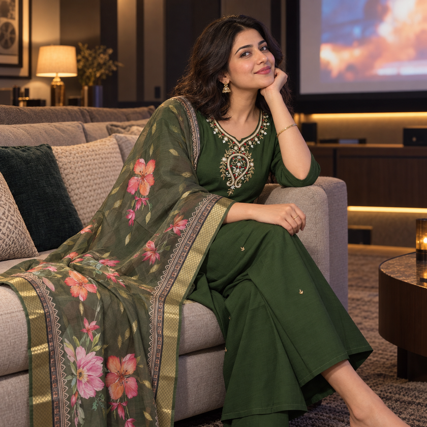 Dark Green Embroidered With Floral Dupatta Suit