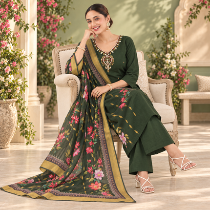 Dark Green Embroidered With Floral Dupatta Suit