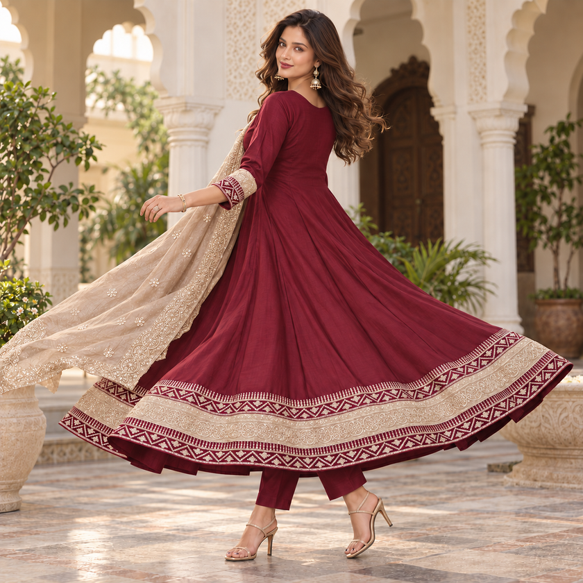 Deep Wine Embroidered Anarkali Suit with Dupatta