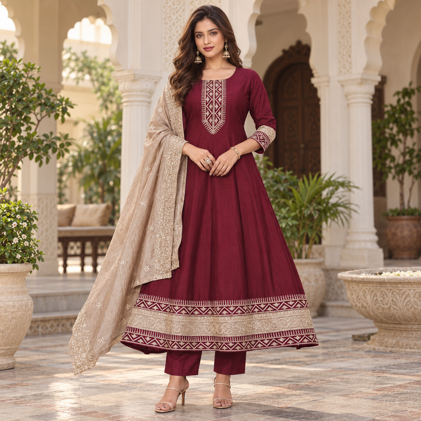 Deep Wine Embroidered Anarkali Suit with Dupatta