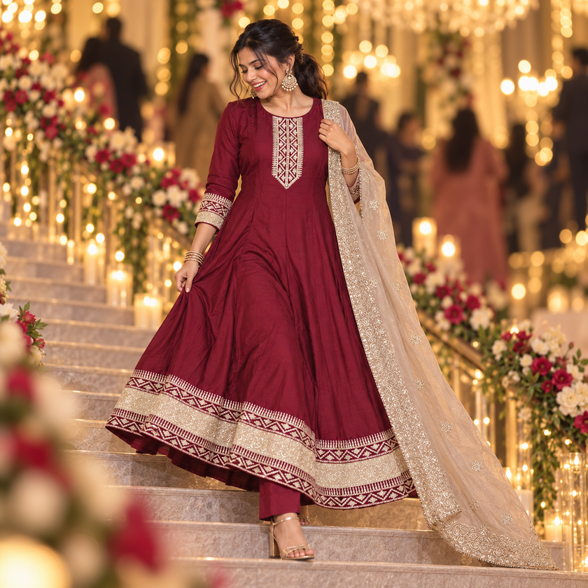 Deep Wine Embroidered Anarkali Suit with Dupatta