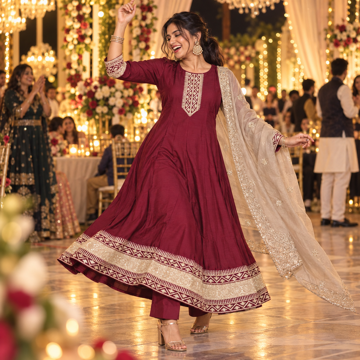 Deep Wine Embroidered Anarkali Suit with Dupatta