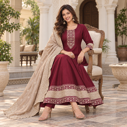 Deep Wine Embroidered Anarkali Suit with Dupatta