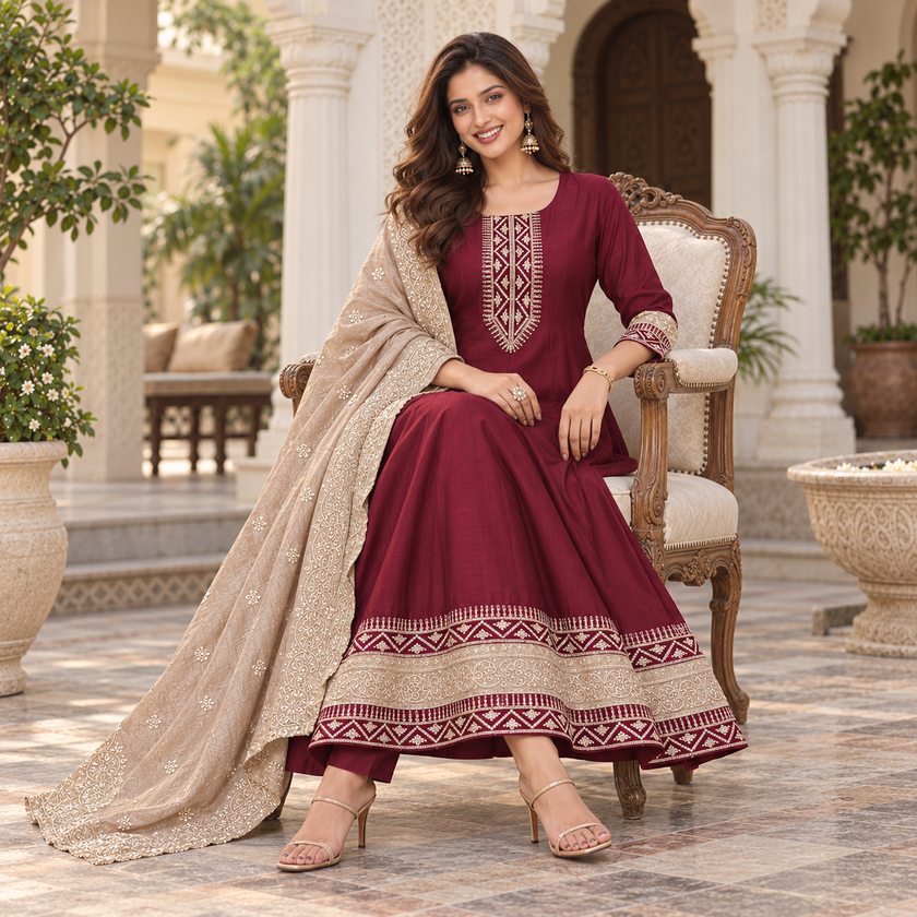 Deep Wine Embroidered Anarkali Suit with Dupatta