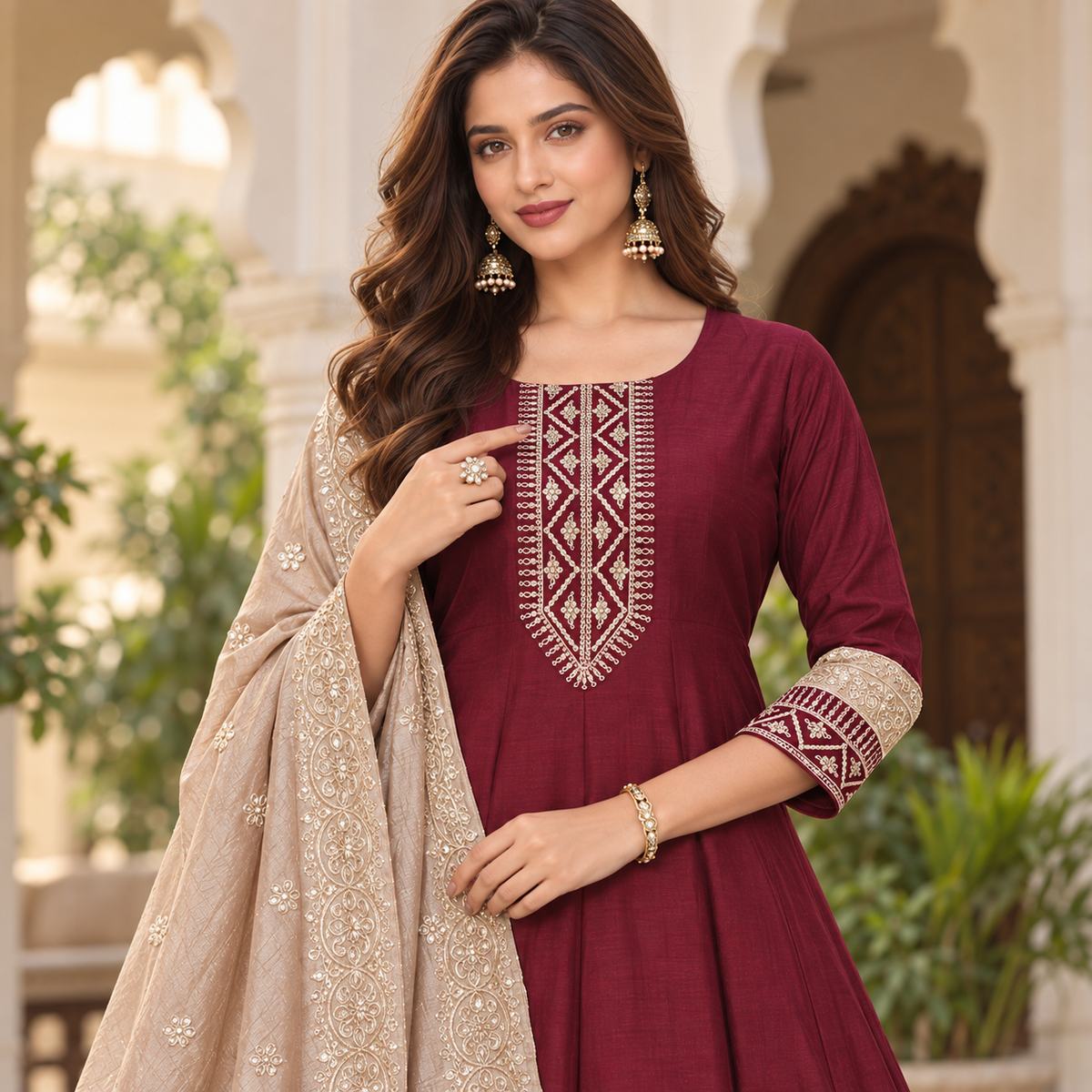 Deep Wine Embroidered Anarkali Suit with Dupatta