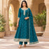 Deep turquoise dotted Anarkali suit with embroidered neckline and designer dupatta for women